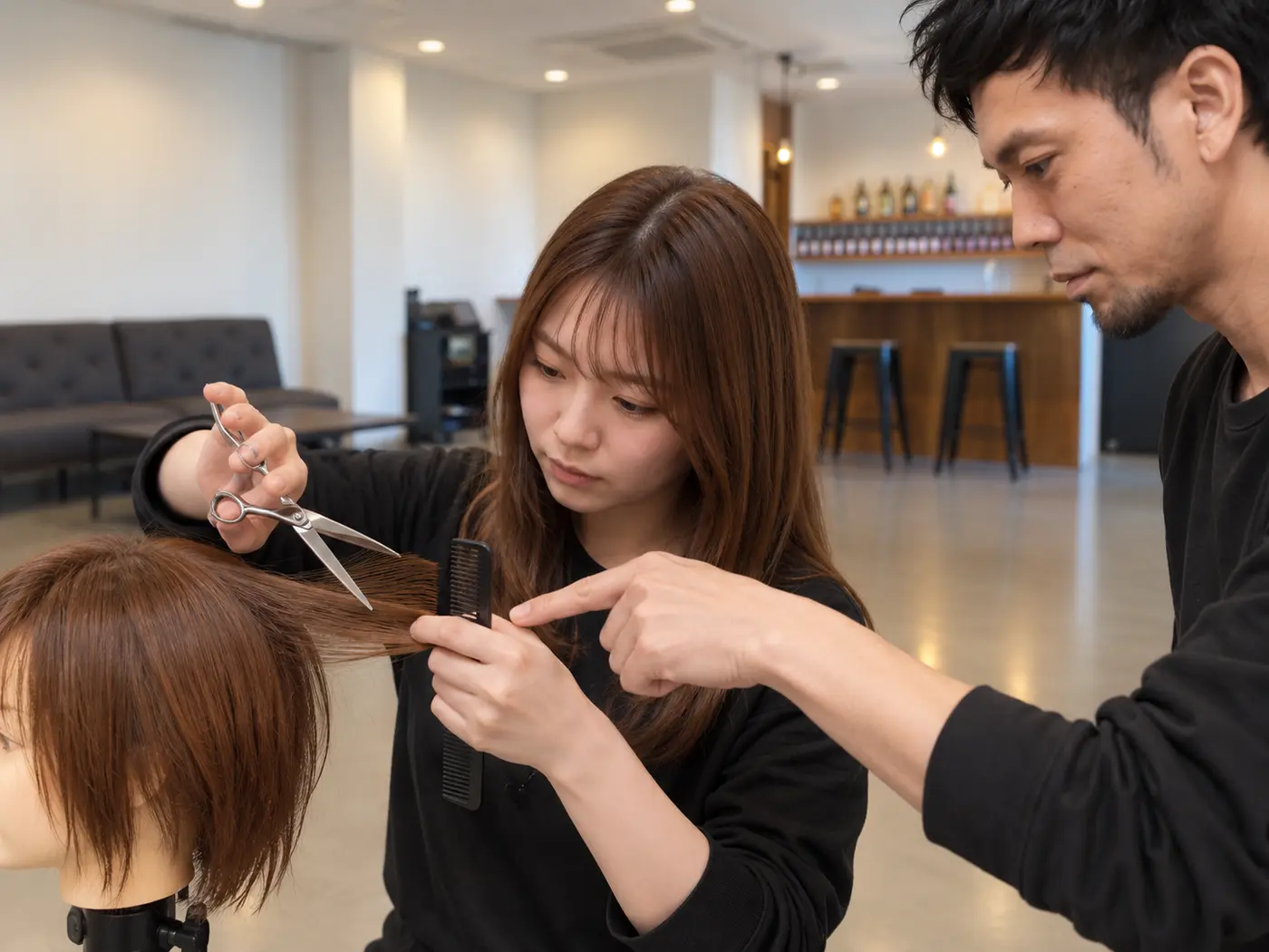 ハサミとコームの角度を具体的に教わる様子