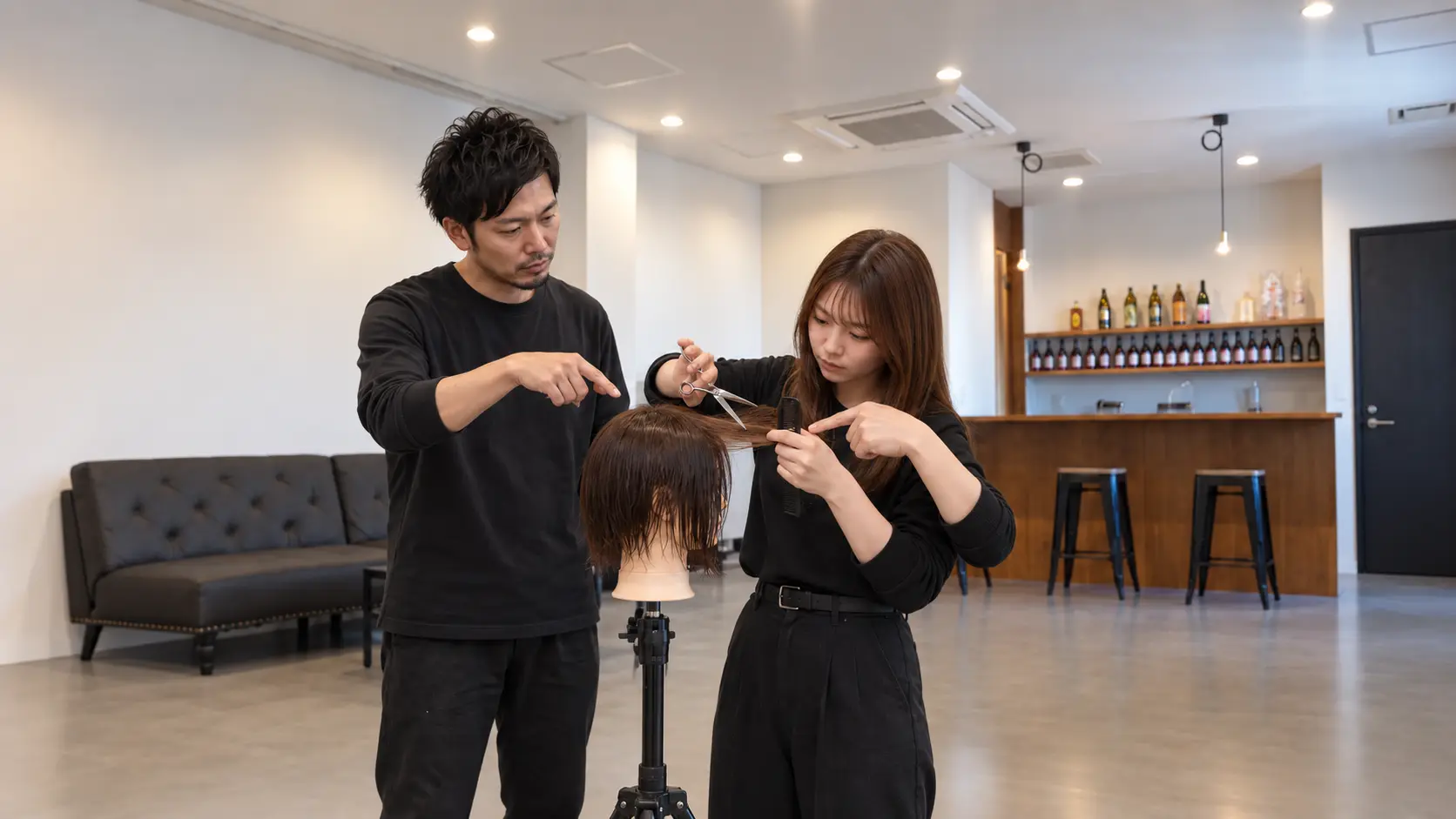 明るい専用スタジオで講師からマンツーマン指導を受ける美容師